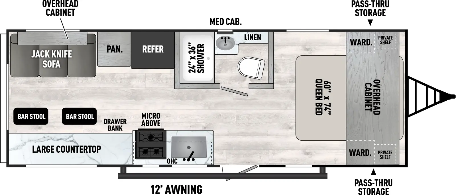 The Clipper Travel Trailers 242MK floorplan has one entry and zero slide outs. Exterior features include: metal exterior and 12' awning. Interiors features include: front bedroom.